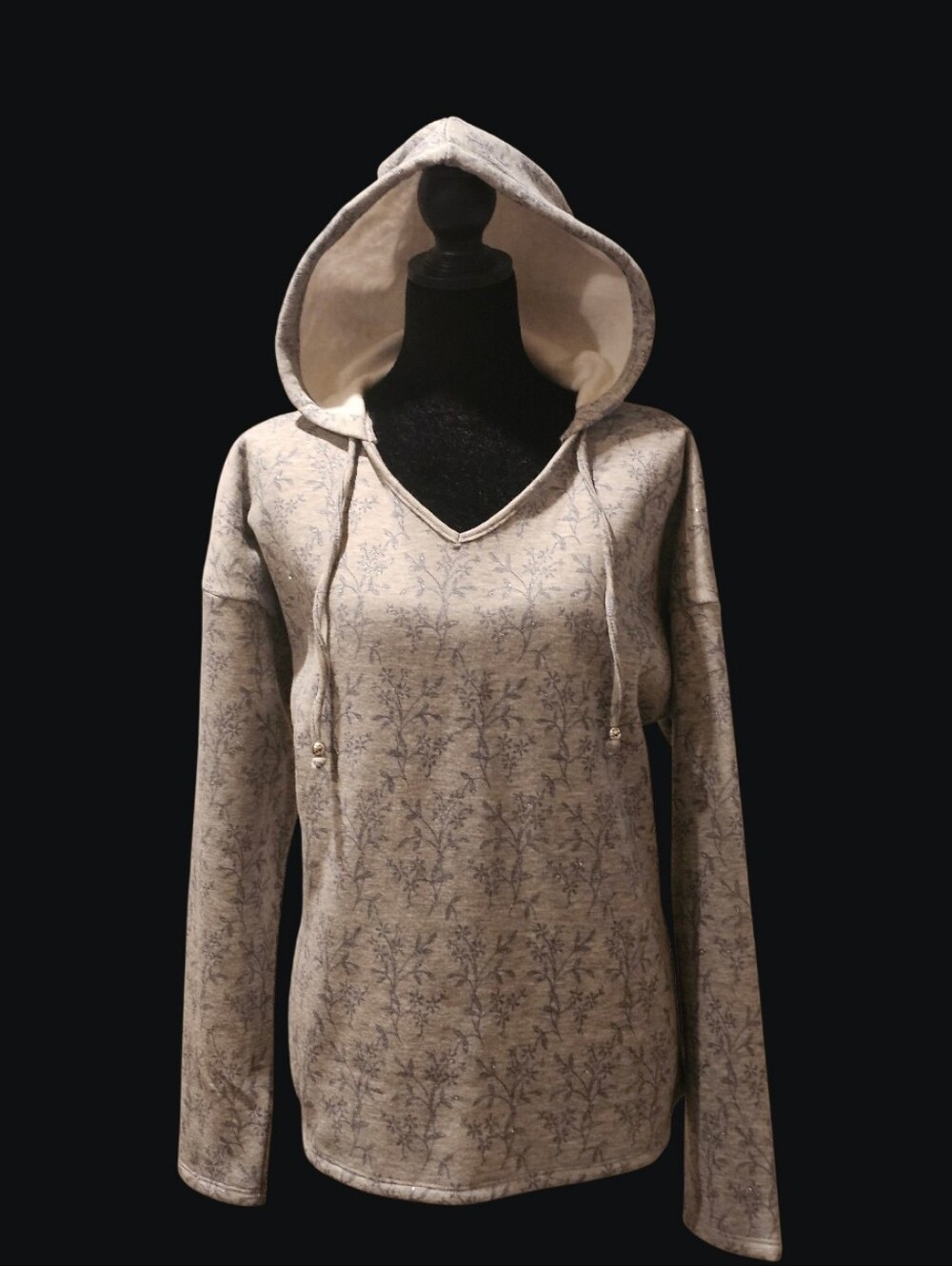V-Neck Shimmer Floral Print Hoodie - Light Gray
